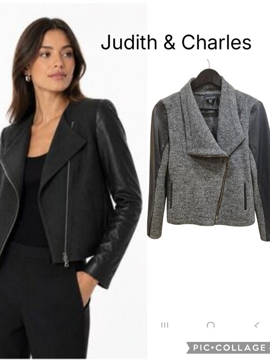Judith & Charles Jackets & Blazers - Judith & Charles Gray Wool Moto Jacket with Black Leather Sleeves Sz 4 Like New